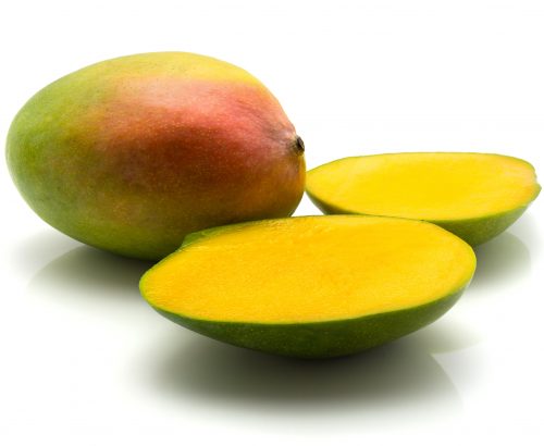 Mango isolated on white background one whole and two halves